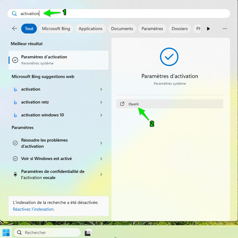 Recherche « activation » dans le menu Démarrer