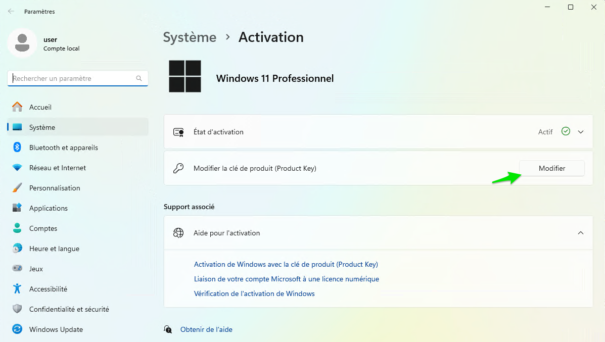 Fenêtre Système > Activation