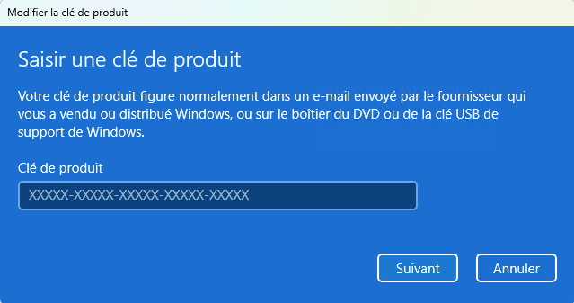 Fenêtre « Saisir une clé de produit »